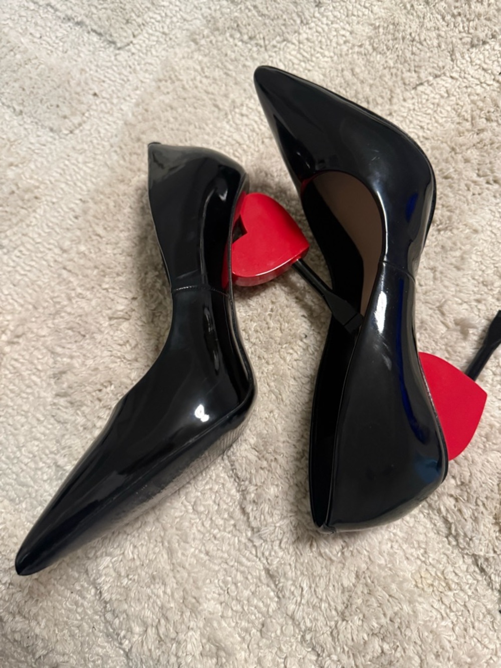 Aldo Black Patent Pointed-Heel Pumps with Red Heart Detail